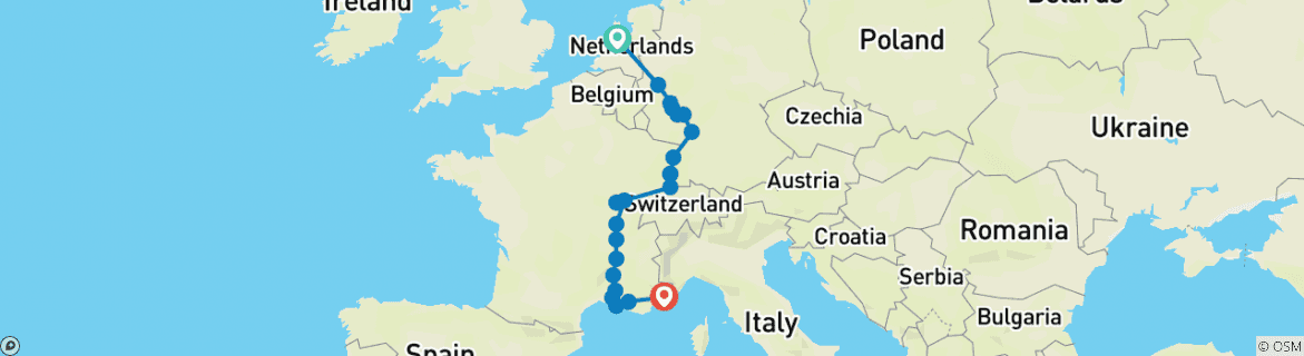 Image of a map showing the route of the tour