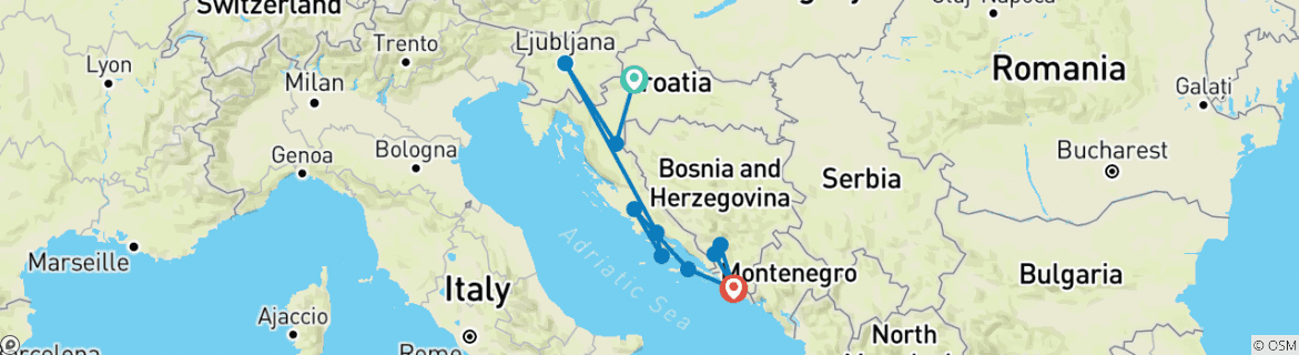 Image of a map showing the route of the tour
