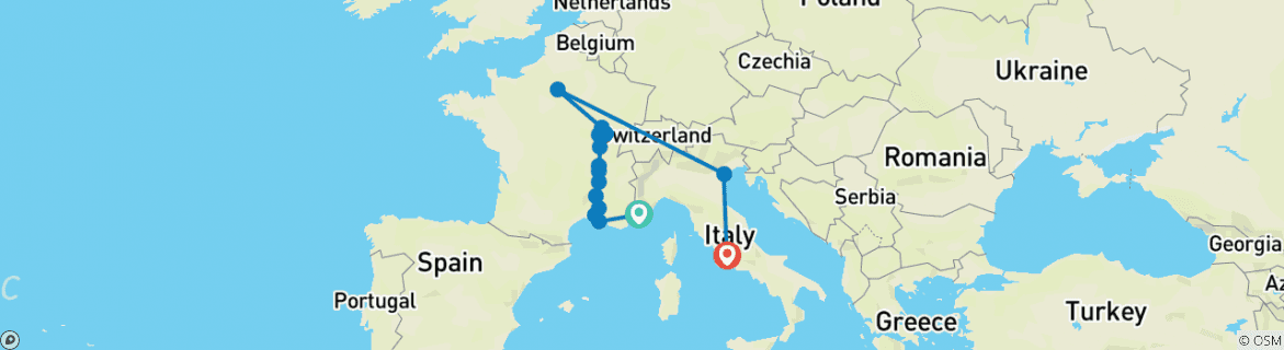 Image of a map showing the route of the tour