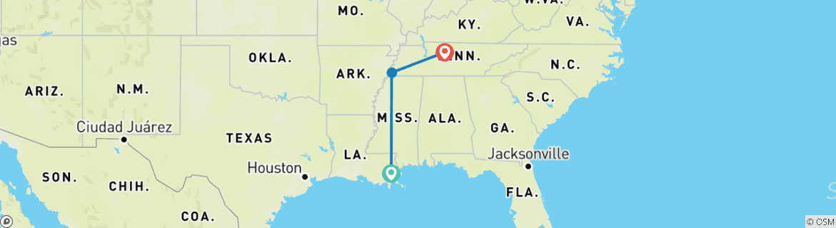 Image of a map showing the route of the tour