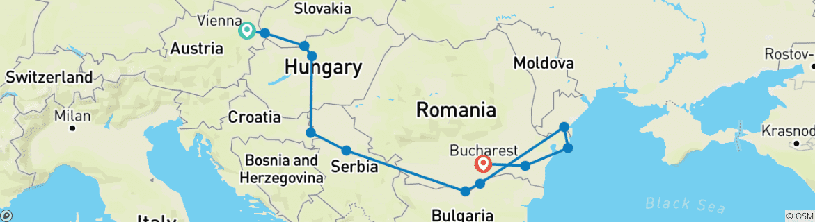 Image of a map showing the route of the tour