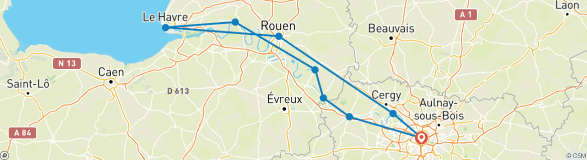 Image of a map showing the route of the tour