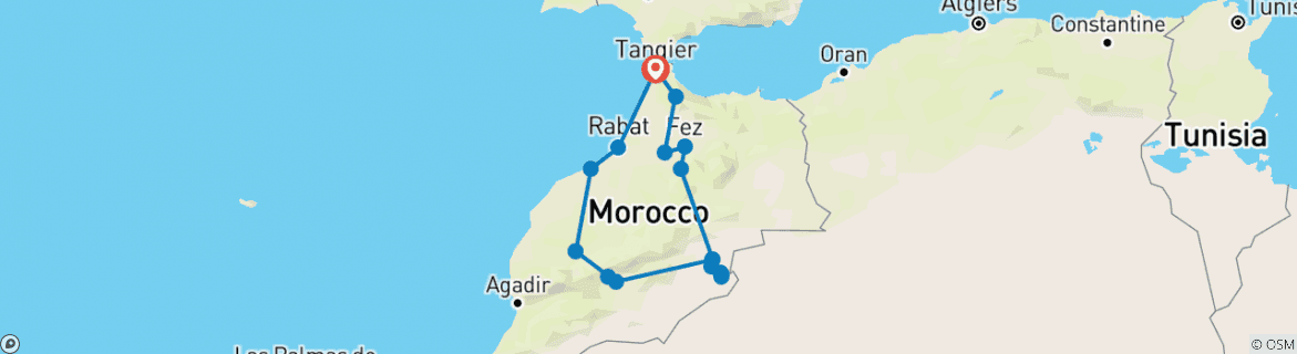 Image of a map showing the route of the tour