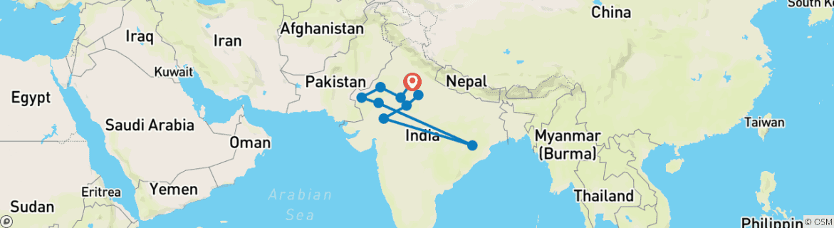 Image of a map showing the route of the tour