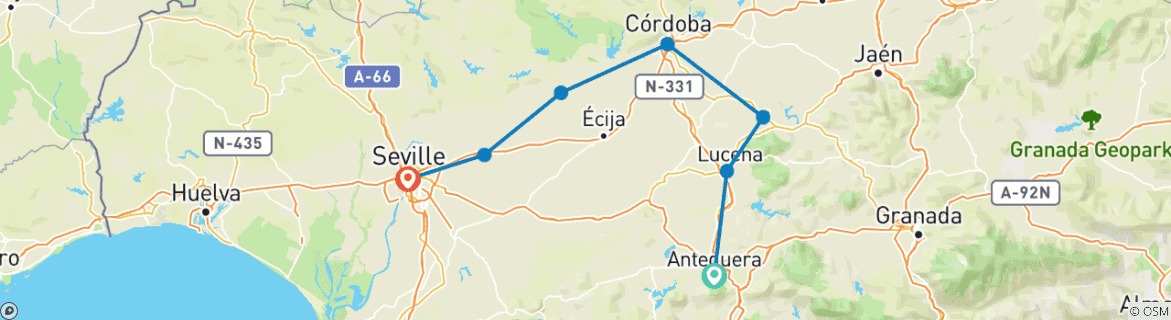 Image of a map showing the route of the tour