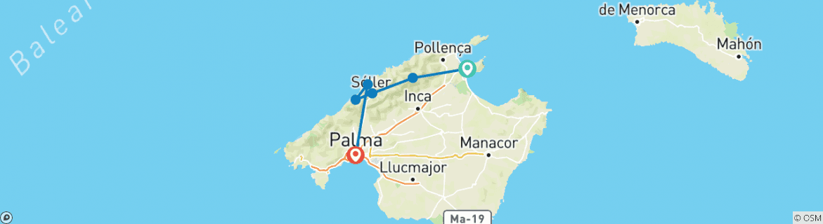 Image of a map showing the route of the tour