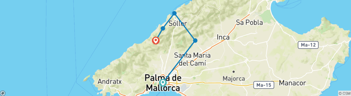 Image of a map showing the route of the tour