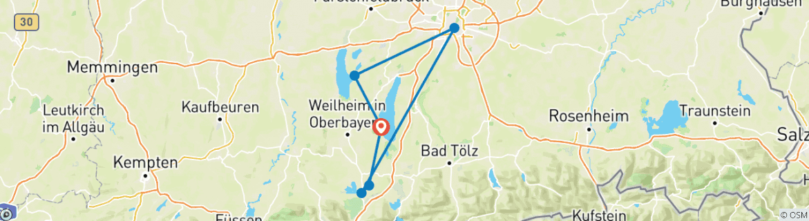 Image of a map showing the route of the tour