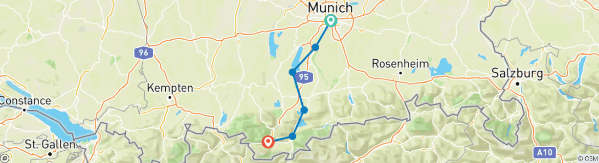 Image of a map showing the route of the tour