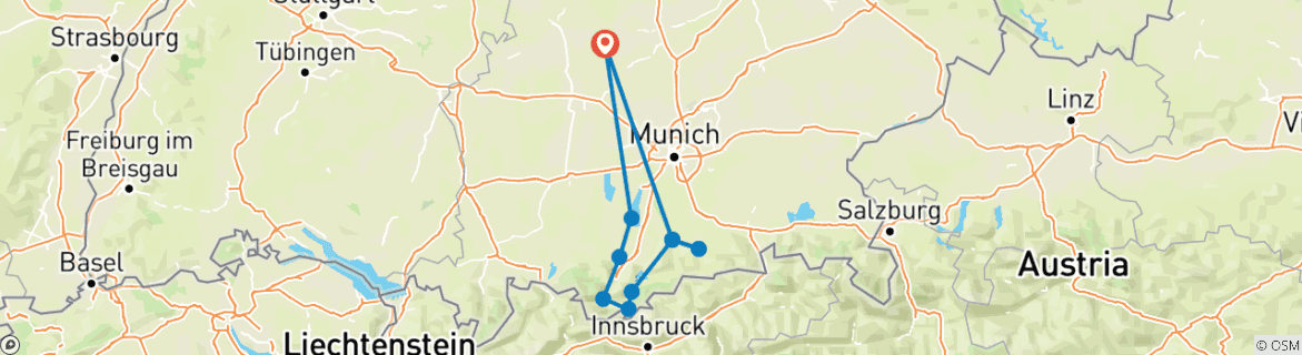 Image of a map showing the route of the tour