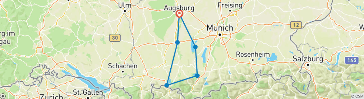 Image of a map showing the route of the tour