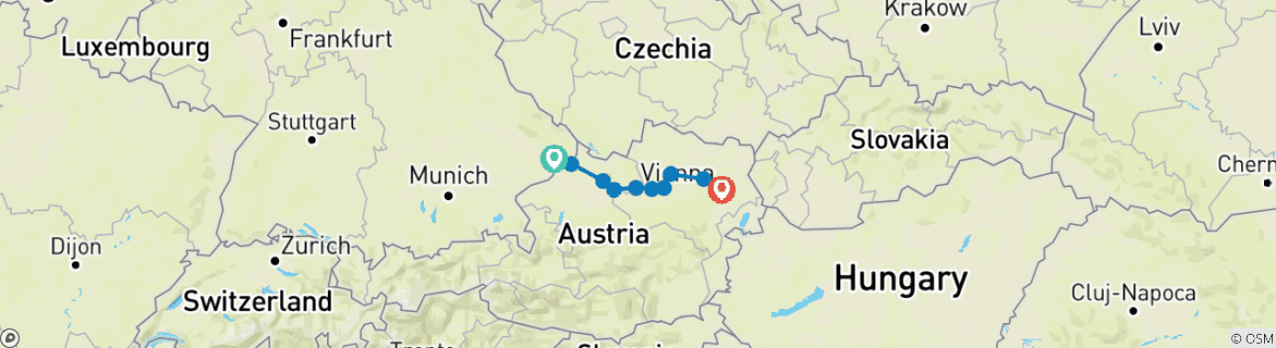 Image of a map showing the route of the tour