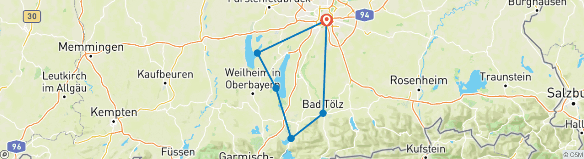 Image of a map showing the route of the tour