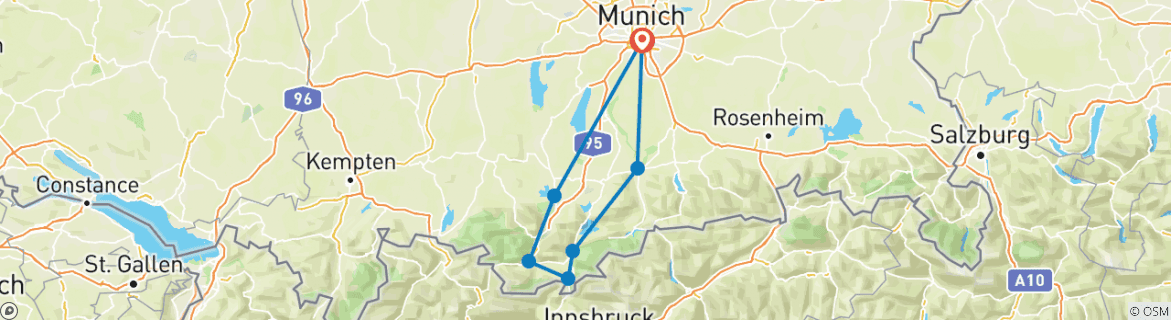 Image of a map showing the route of the tour
