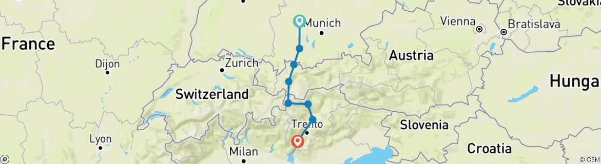 Image of a map showing the route of the tour