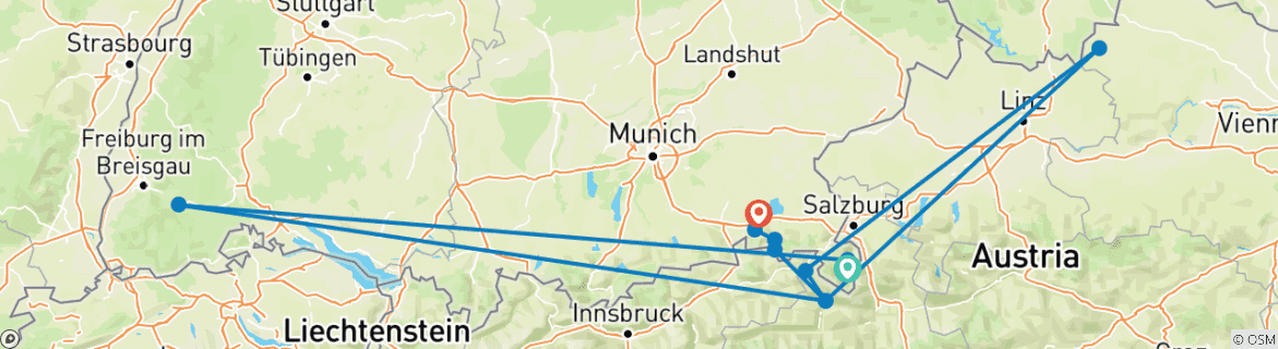 Image of a map showing the route of the tour