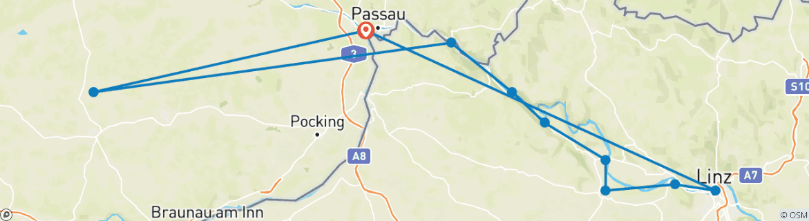 Image of a map showing the route of the tour