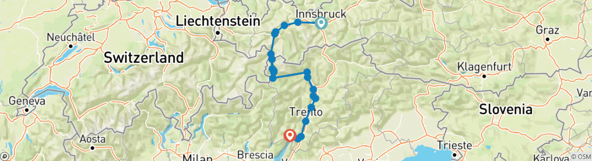 Carte du circuit Innsbruck - Lac de Garde Fruits et vin sur la piste cyclable de l'Adige (8 jours)
