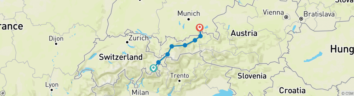 Image of a map showing the route of the tour