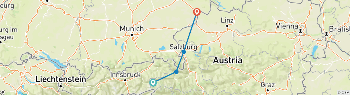 Image of a map showing the route of the tour