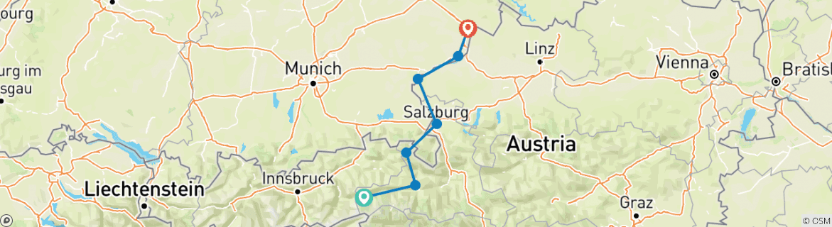 Image of a map showing the route of the tour