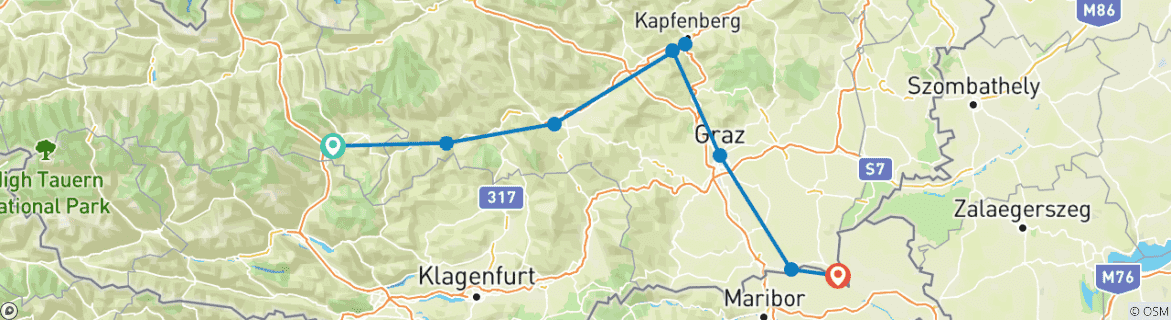 Image of a map showing the route of the tour
