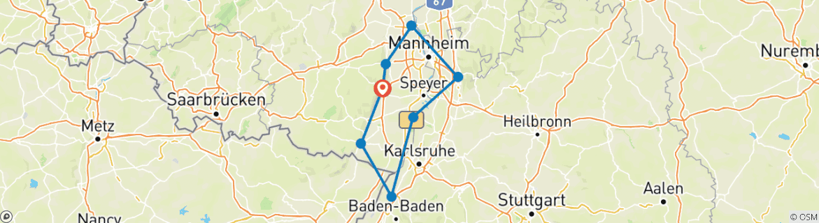 Image of a map showing the route of the tour