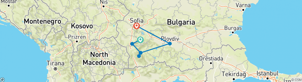 Image of a map showing the route of the tour