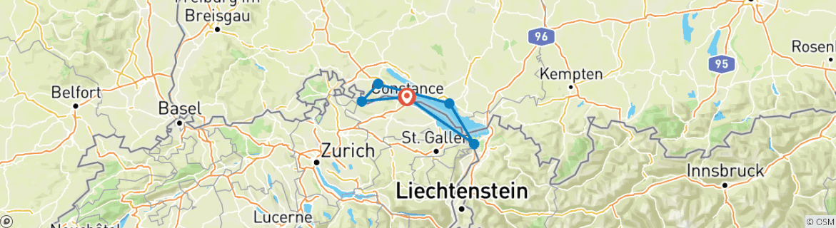 Image of a map showing the route of the tour