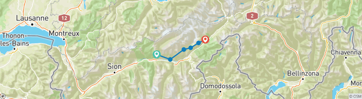 Image of a map showing the route of the tour