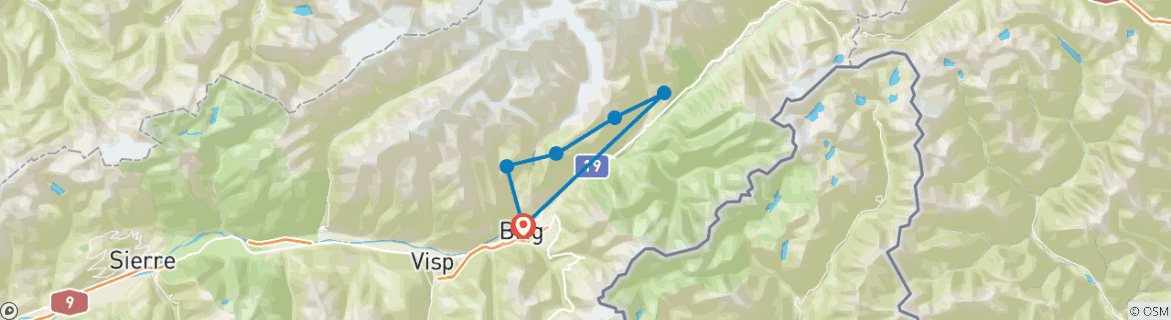 Image of a map showing the route of the tour