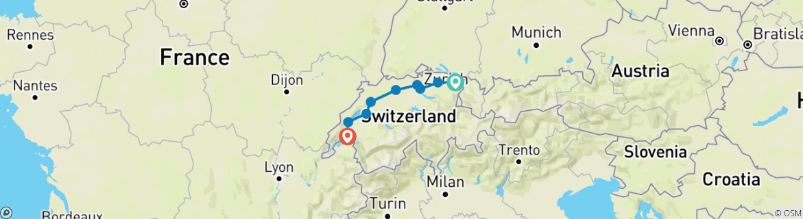 Image of a map showing the route of the tour