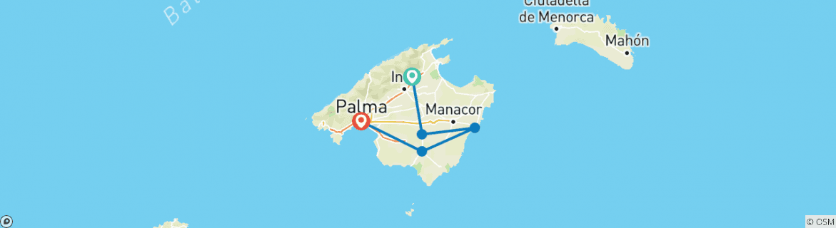 Image of a map showing the route of the tour