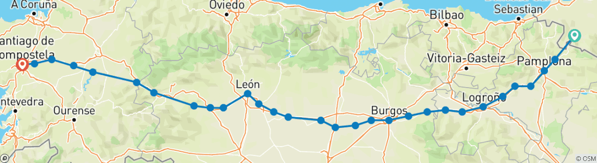 Carte du circuit Chemin de Saint-Jacques-de-Compostelle - Chemin français : itinéraire complet St.Jean-Santiago - 36 jours (36 jours)