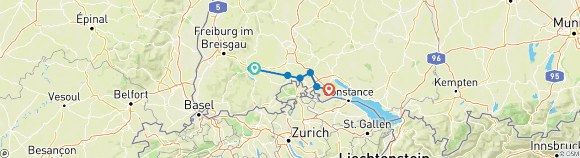 Image of a map showing the route of the tour