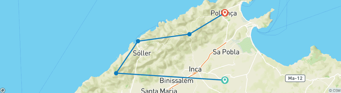 Image of a map showing the route of the tour