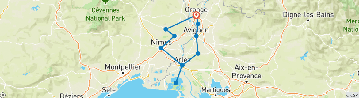 Image of a map showing the route of the tour