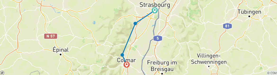 Image of a map showing the route of the tour