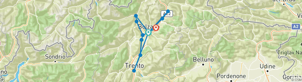 Image of a map showing the route of the tour