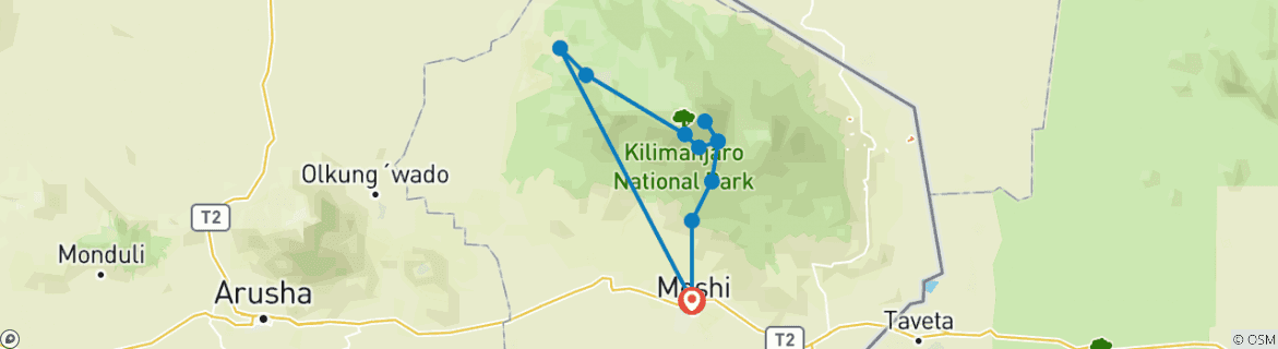 Image of a map showing the route of the tour