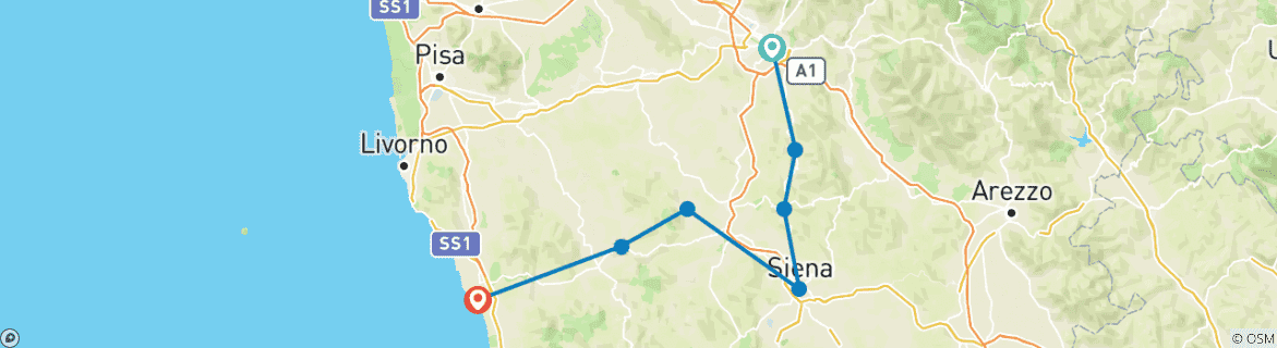 Image of a map showing the route of the tour