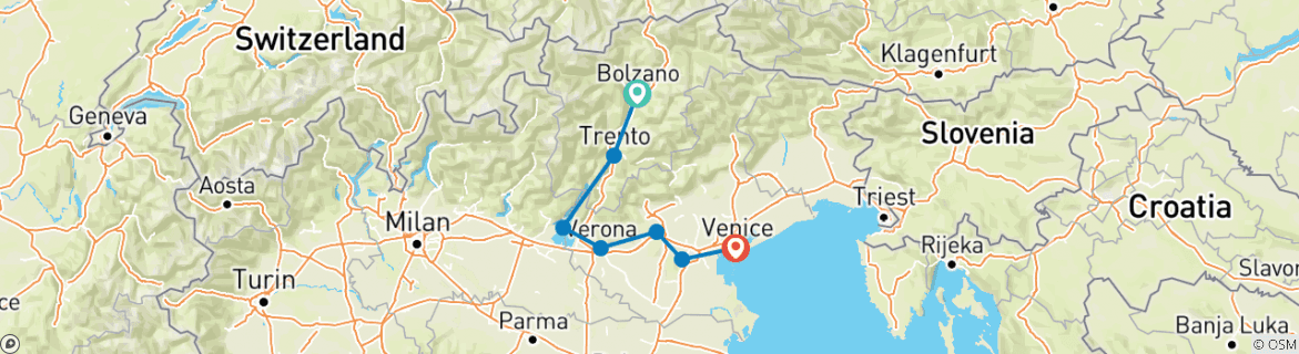 Image of a map showing the route of the tour