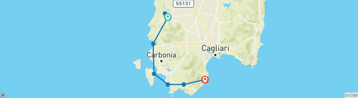 Image of a map showing the route of the tour