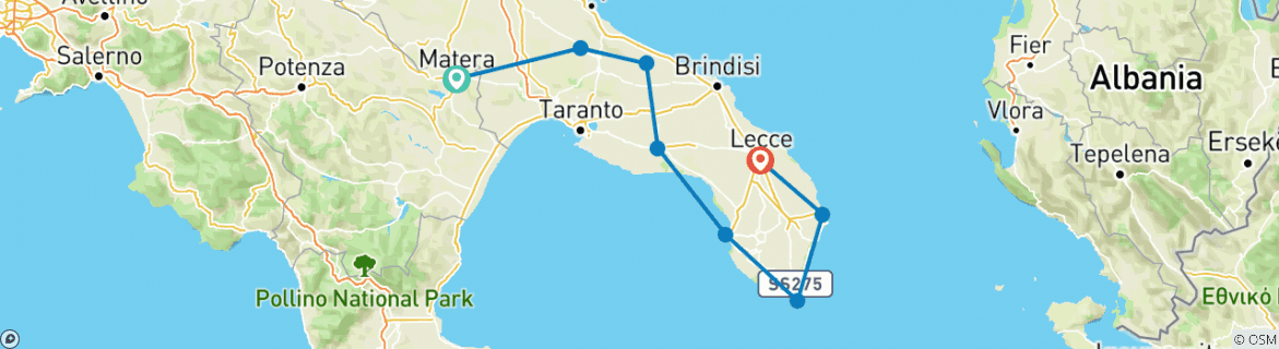 Image of a map showing the route of the tour