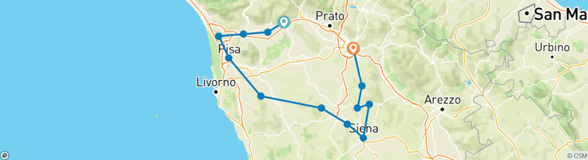 Image of a map showing the route of the tour