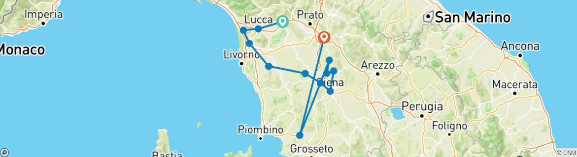 Image of a map showing the route of the tour