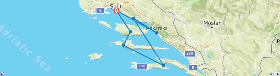 Image of a map showing the route of the tour