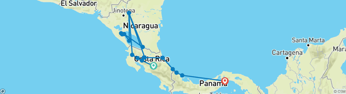 Image of a map showing the route of the tour