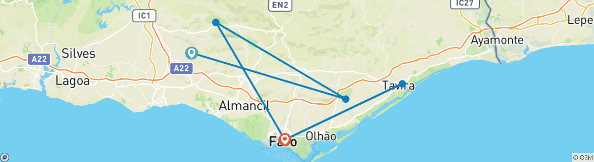 Image of a map showing the route of the tour
