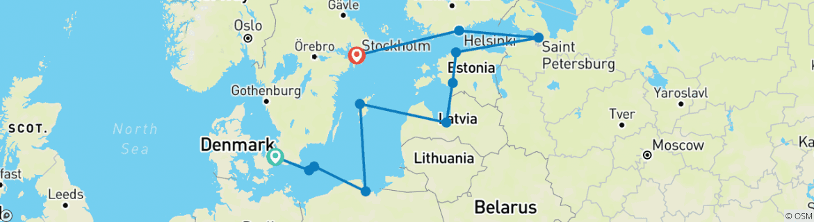 Image of a map showing the route of the tour
